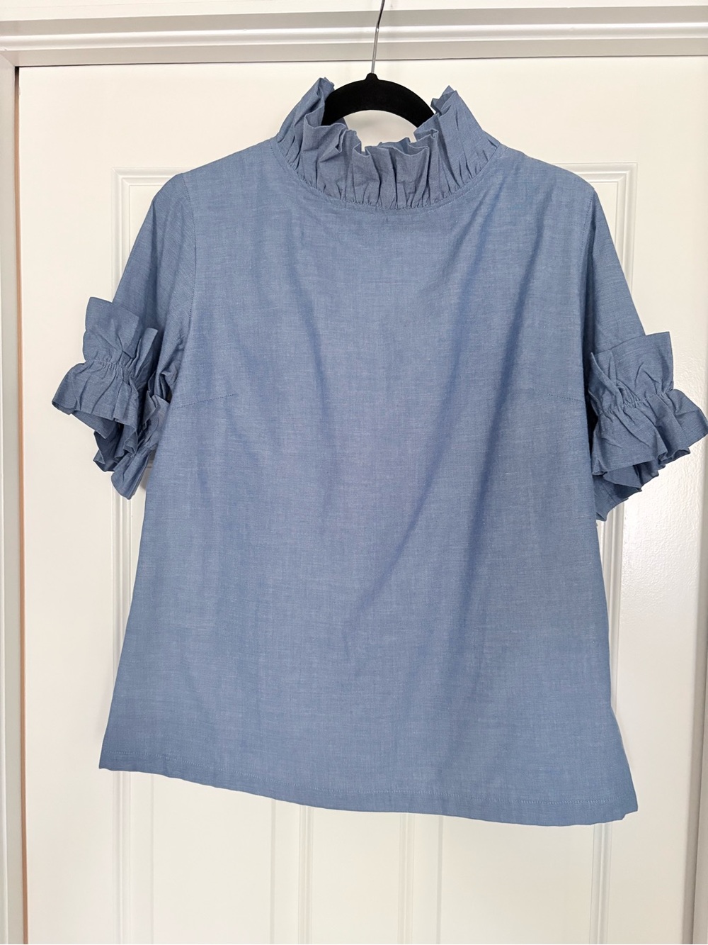 Elizabeth Wilson Designs Chambray  Ruffle Neck Short Sleeve Top